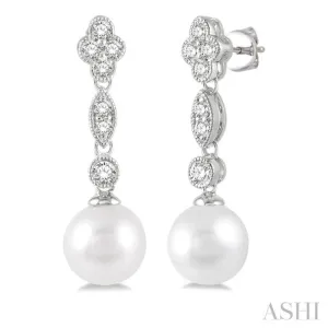 1/3 ctw 7X7MM Pearl and Round Cut Diamond Drop Earrings in 14K White Gold
