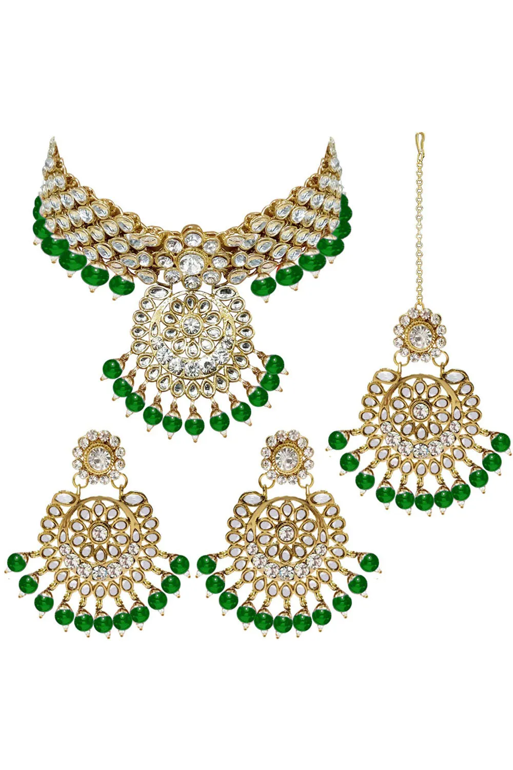 Alloy Necklace with Earrings and Maang Tikka in green