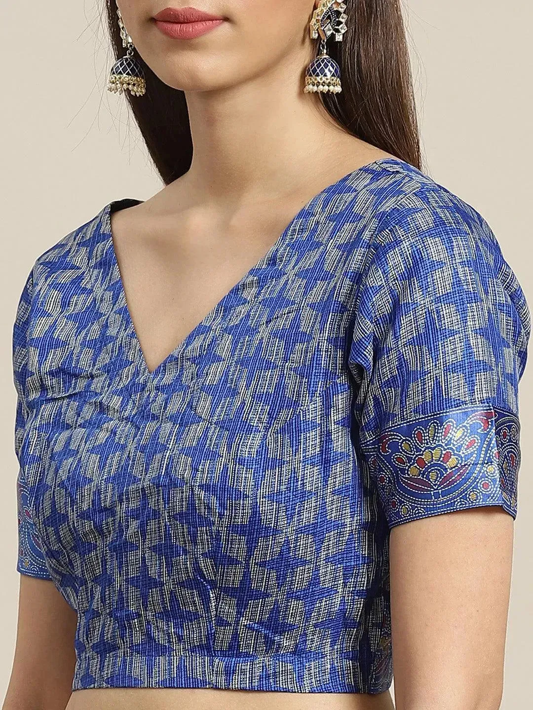 Blue Printed Linen Saree