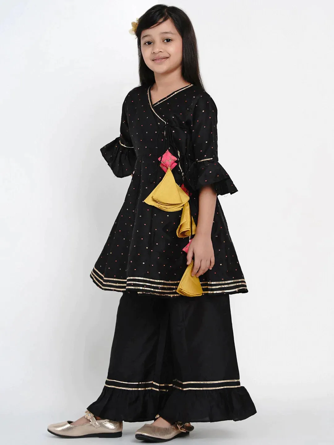Girls Black & Gold-Toned Self Design Kurta With Palazzos