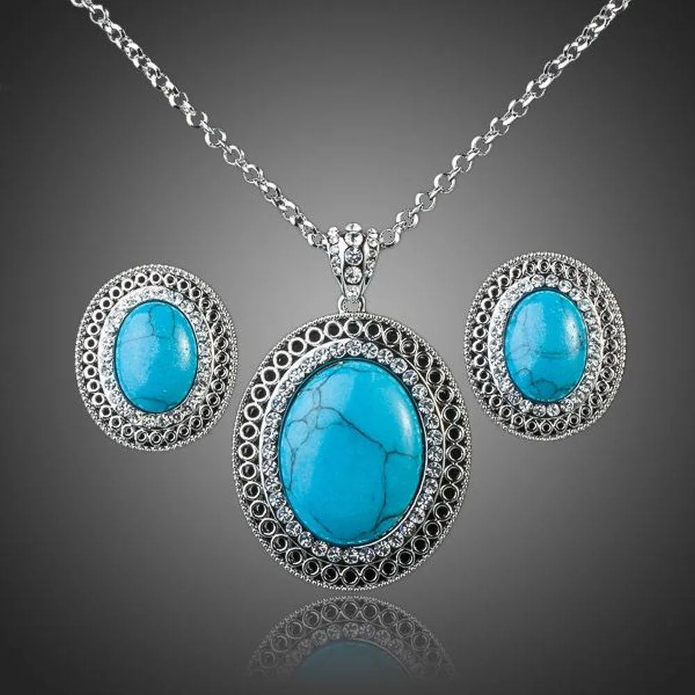 Lime Blue Round Turquoise Ellipse Pendant Necklace   Stud Earring Set