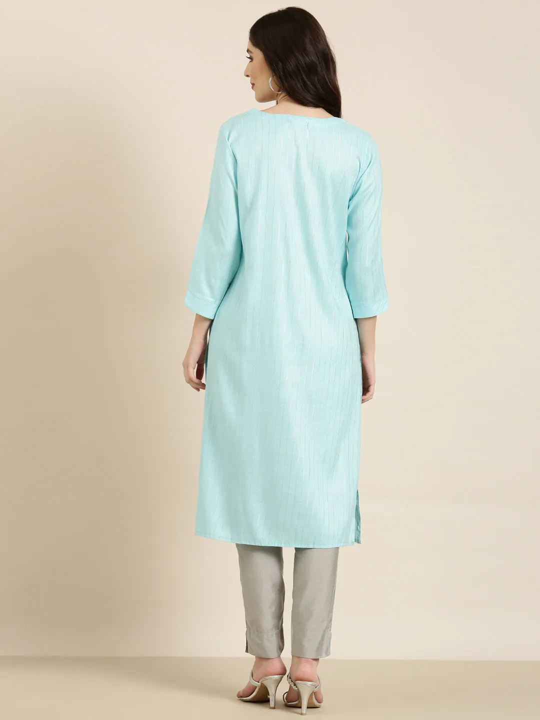 Women Blue Striped Straight Kurta